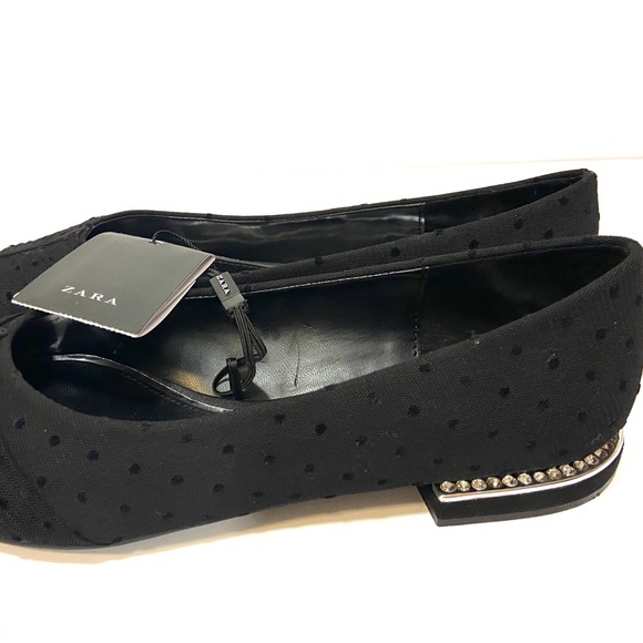 6 ZARA Pointed Shoe Diamond Stud Chrome Heel Polka Dot Lace Flats Black - Picture 2 of 6